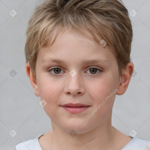 Joyful white child female with short  brown hair and brown eyes