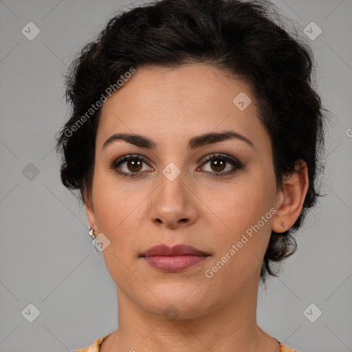 Neutral white young-adult female with short  brown hair and brown eyes