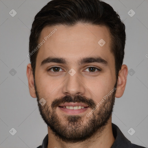 Joyful white young-adult male with short  brown hair and brown eyes