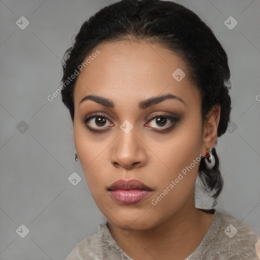 Neutral latino young-adult female with short  black hair and brown eyes