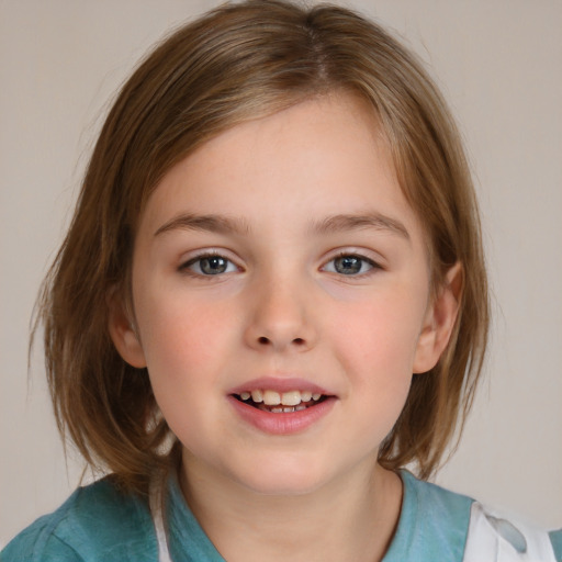 Joyful white child female with medium  brown hair and blue eyes