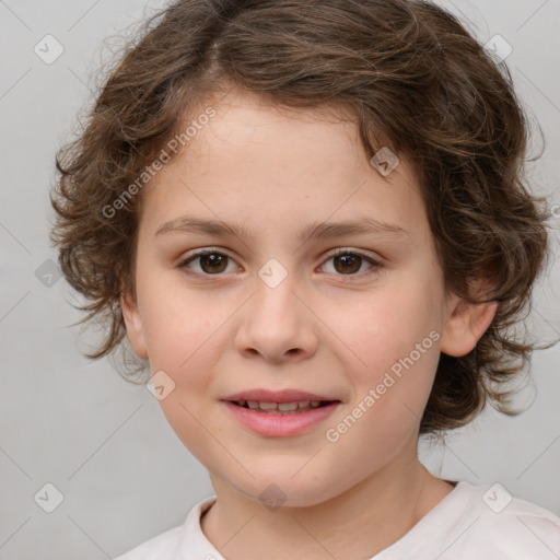 Joyful white child female with medium  brown hair and brown eyes