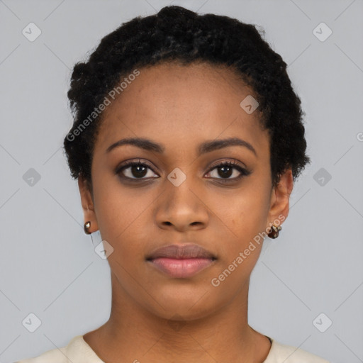 Neutral black young-adult female with short  black hair and brown eyes