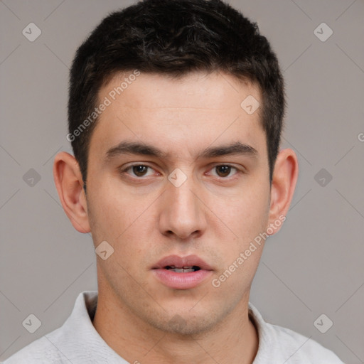 Neutral white young-adult male with short  brown hair and brown eyes