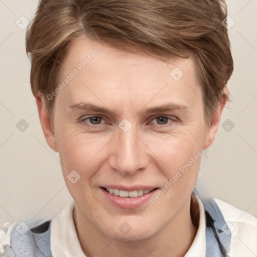 Joyful white adult male with short  brown hair and grey eyes