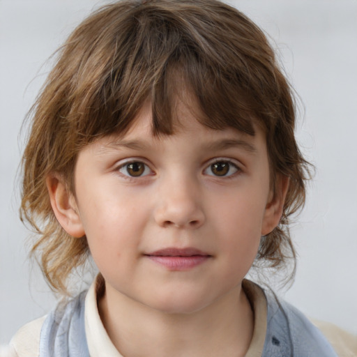 Neutral white child female with medium  brown hair and grey eyes