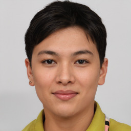 Joyful asian young-adult female with short  brown hair and brown eyes