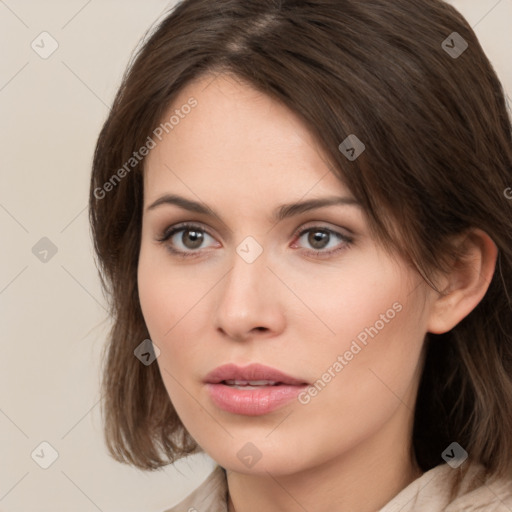 Neutral white young-adult female with medium  brown hair and brown eyes