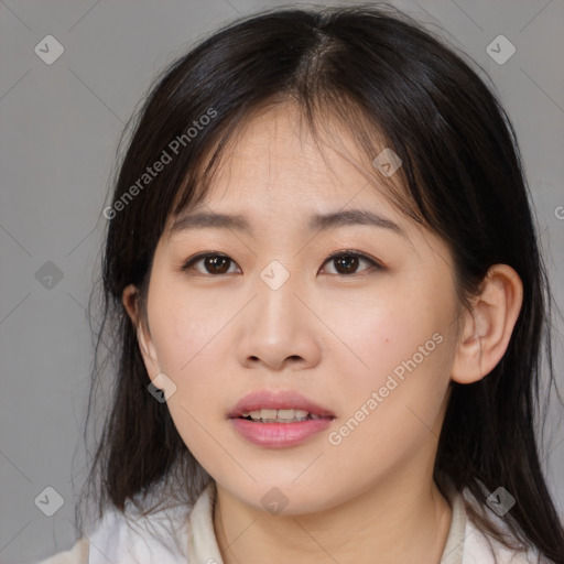 Neutral asian young-adult female with medium  brown hair and brown eyes