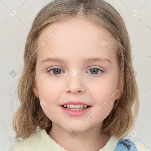 Joyful white child female with medium  brown hair and blue eyes