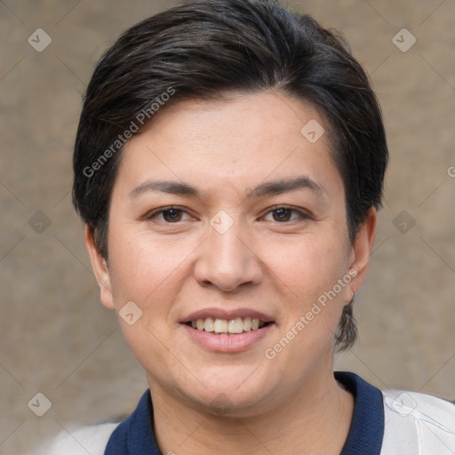 Joyful white young-adult female with short  brown hair and brown eyes