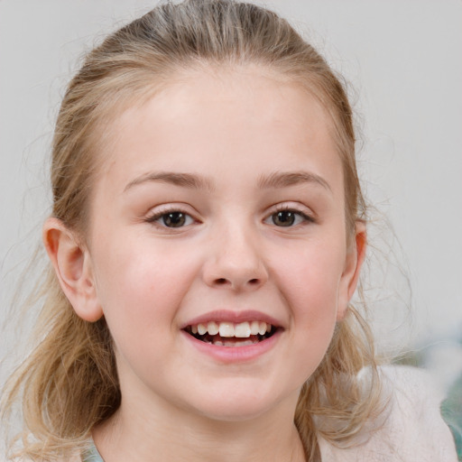 Joyful white child female with medium  brown hair and grey eyes