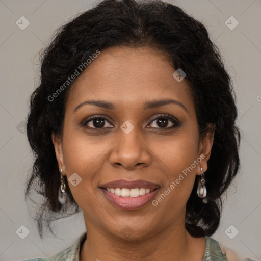 Joyful black young-adult female with medium  brown hair and brown eyes
