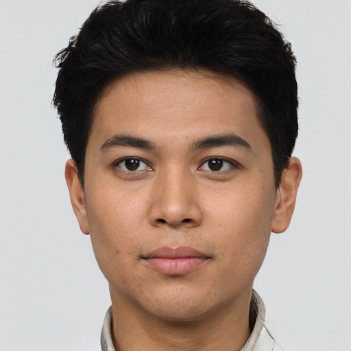 Neutral asian young-adult male with short  brown hair and brown eyes