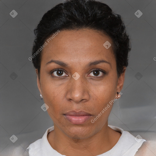 Neutral black young-adult female with short  black hair and brown eyes