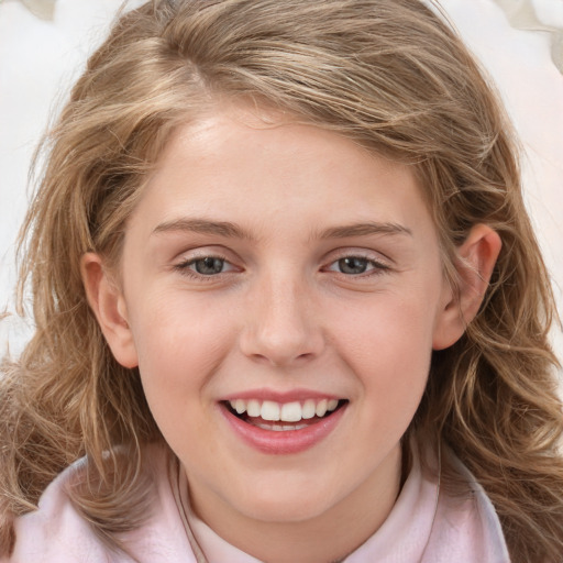 Joyful white child female with medium  brown hair and grey eyes