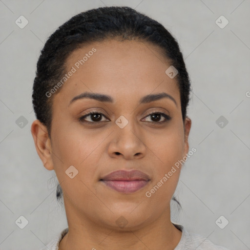 Joyful latino young-adult female with short  brown hair and brown eyes
