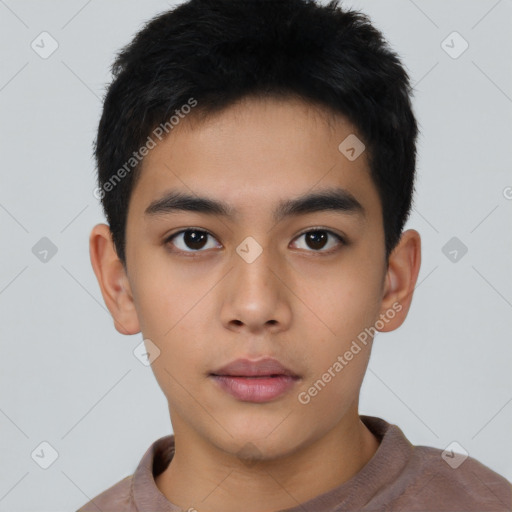 Neutral asian young-adult male with short  black hair and brown eyes