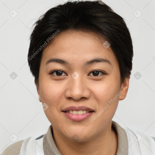 Joyful asian young-adult female with short  brown hair and brown eyes