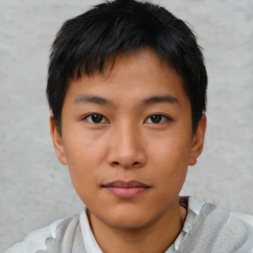Neutral asian young-adult male with short  brown hair and brown eyes