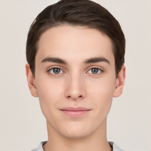 Neutral white young-adult male with short  brown hair and brown eyes