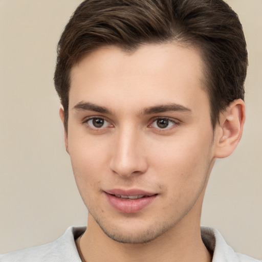 Neutral white young-adult male with short  brown hair and brown eyes