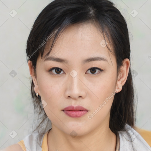 Neutral asian young-adult female with medium  brown hair and brown eyes