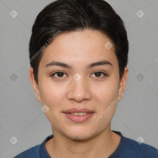 Joyful asian young-adult female with short  brown hair and brown eyes