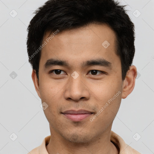 Neutral asian young-adult male with short  brown hair and brown eyes