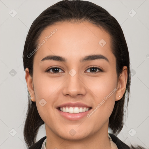 Joyful white young-adult female with medium  brown hair and brown eyes