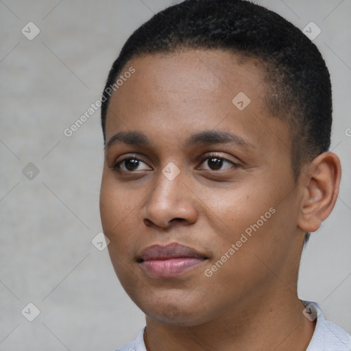 Neutral black young-adult female with short  brown hair and brown eyes