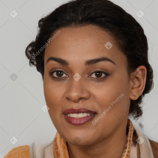 Joyful latino young-adult female with long  brown hair and brown eyes