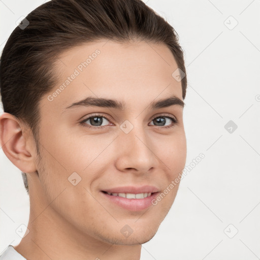 Joyful white young-adult female with short  brown hair and brown eyes