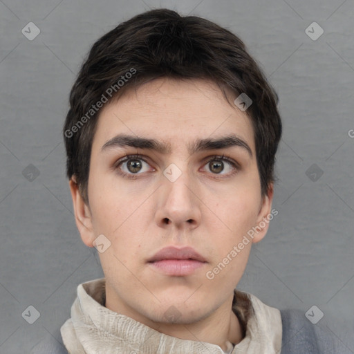 Neutral white young-adult male with short  brown hair and brown eyes