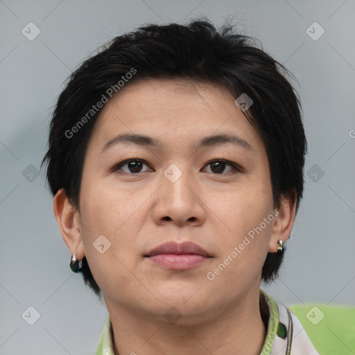 Neutral asian young-adult female with short  brown hair and brown eyes
