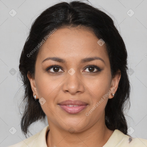 Joyful latino young-adult female with medium  brown hair and brown eyes