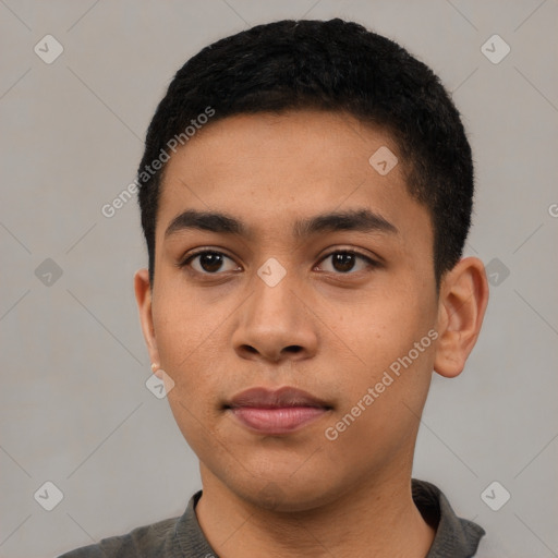 Neutral latino young-adult male with short  black hair and brown eyes