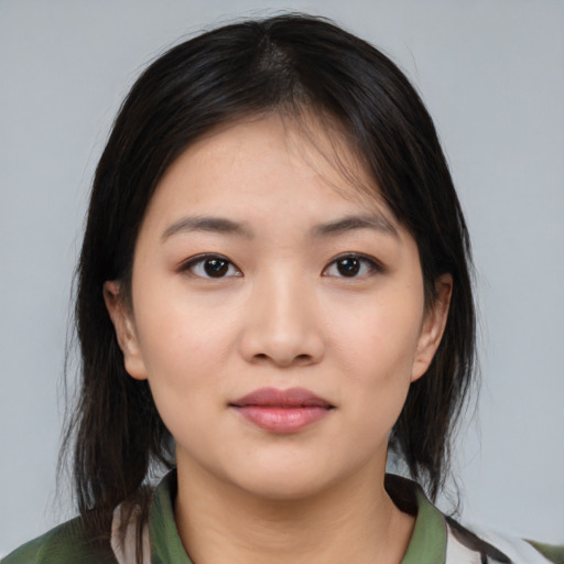 Neutral white young-adult female with medium  brown hair and brown eyes