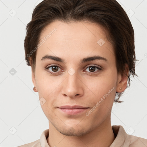 Joyful white young-adult female with short  brown hair and brown eyes