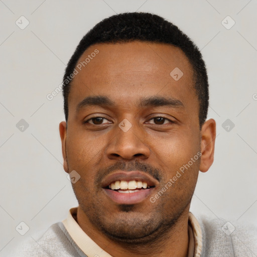 Neutral black young-adult male with short  black hair and brown eyes