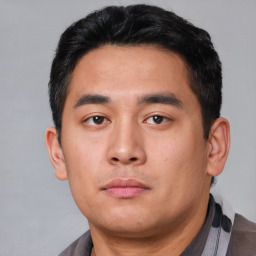 Neutral asian young-adult male with short  black hair and brown eyes