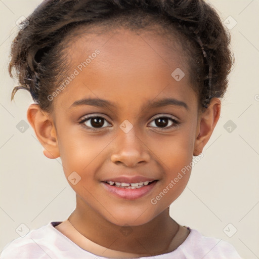 Joyful white child female with short  brown hair and brown eyes