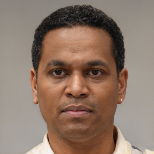 Neutral latino adult male with short  black hair and brown eyes