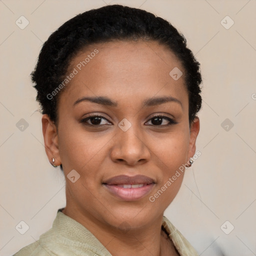 Joyful latino young-adult female with short  brown hair and brown eyes