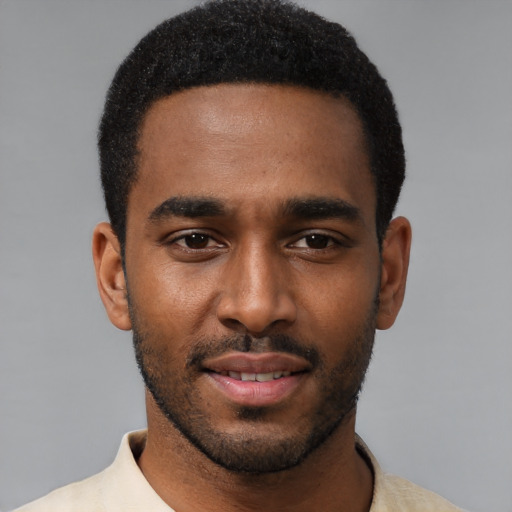 Neutral black young-adult male with short  black hair and brown eyes