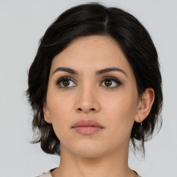 Neutral asian young-adult female with medium  black hair and brown eyes