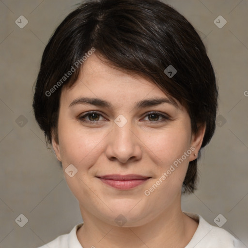 Joyful white young-adult female with medium  brown hair and brown eyes