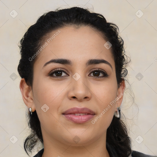 Joyful latino young-adult female with medium  brown hair and brown eyes