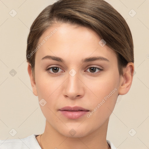 Neutral white young-adult female with short  brown hair and brown eyes