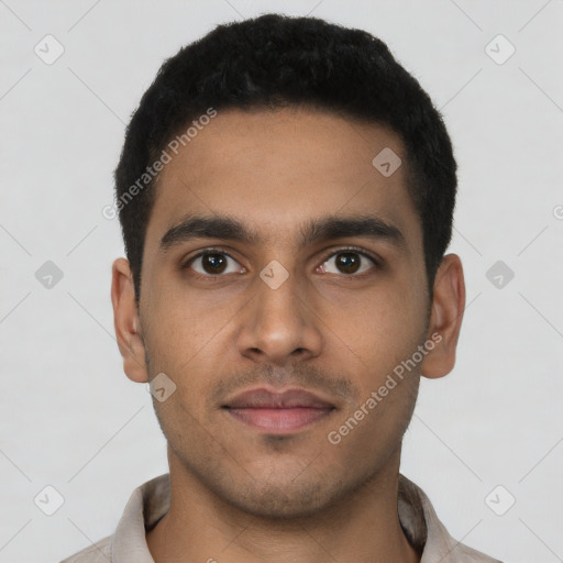 Neutral latino young-adult male with short  black hair and brown eyes